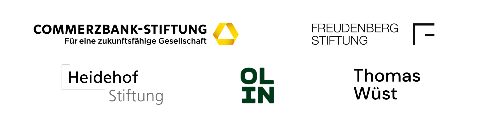 Logos der Förderer des Investigativjournalismus Fellowships: Commerzbank Stiftung, OLIN Stiftung, Freudenberg Stiftung, Heidehof Stiftung, OLIN Stiftung, Thomas Wüst