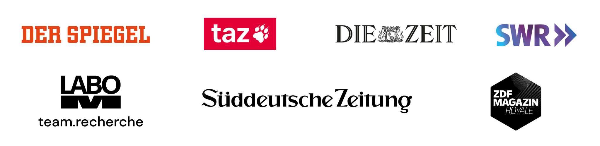 Logos der Partnerredaktionen: Der Spiegel, die taz, DIE ZEIT, SWR, LaboM team.recherche, Süddeutsche Zeitung, ZDF Magazin Royal